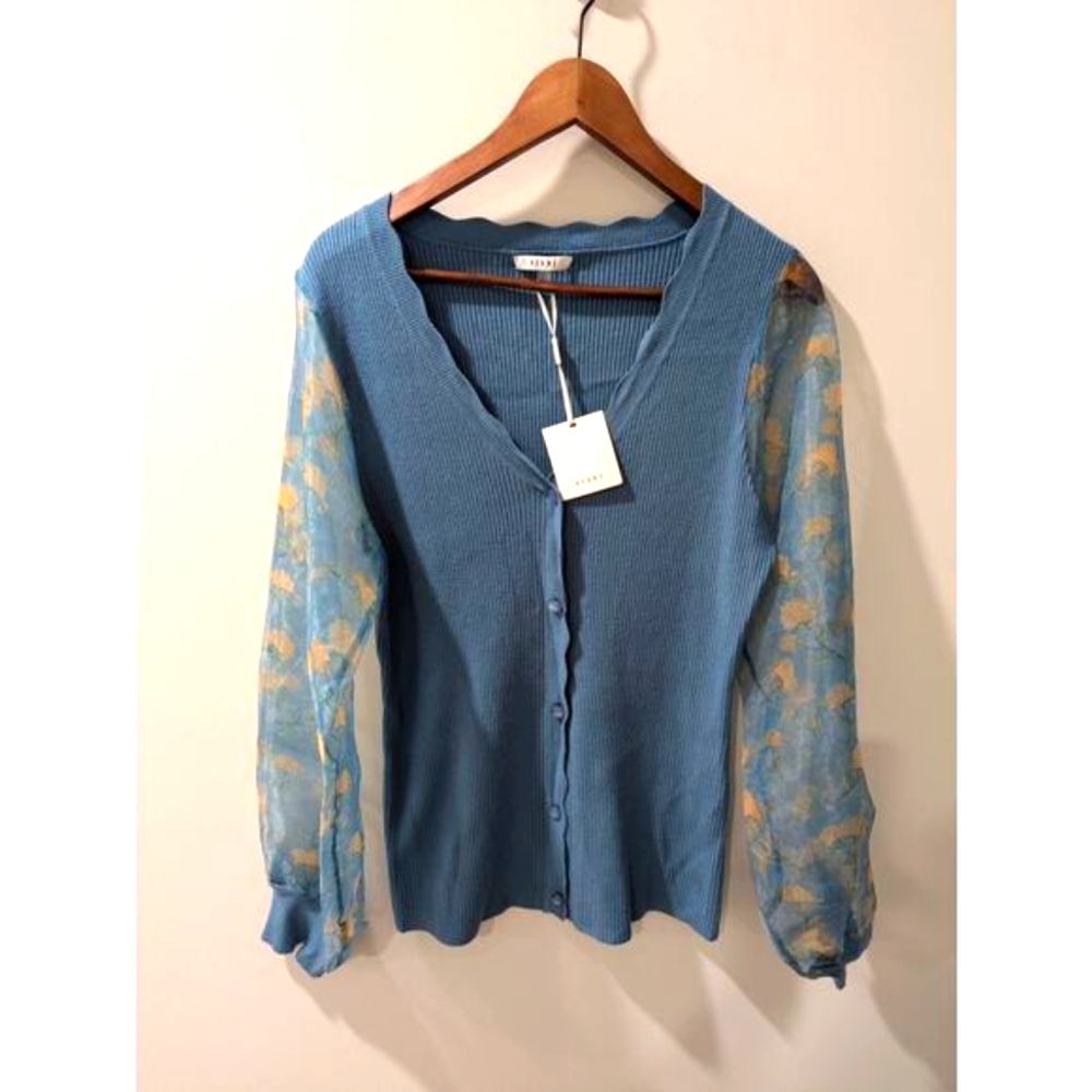 Sioni Blue Ribbed Cardigan with Sheer Floral Sleeves